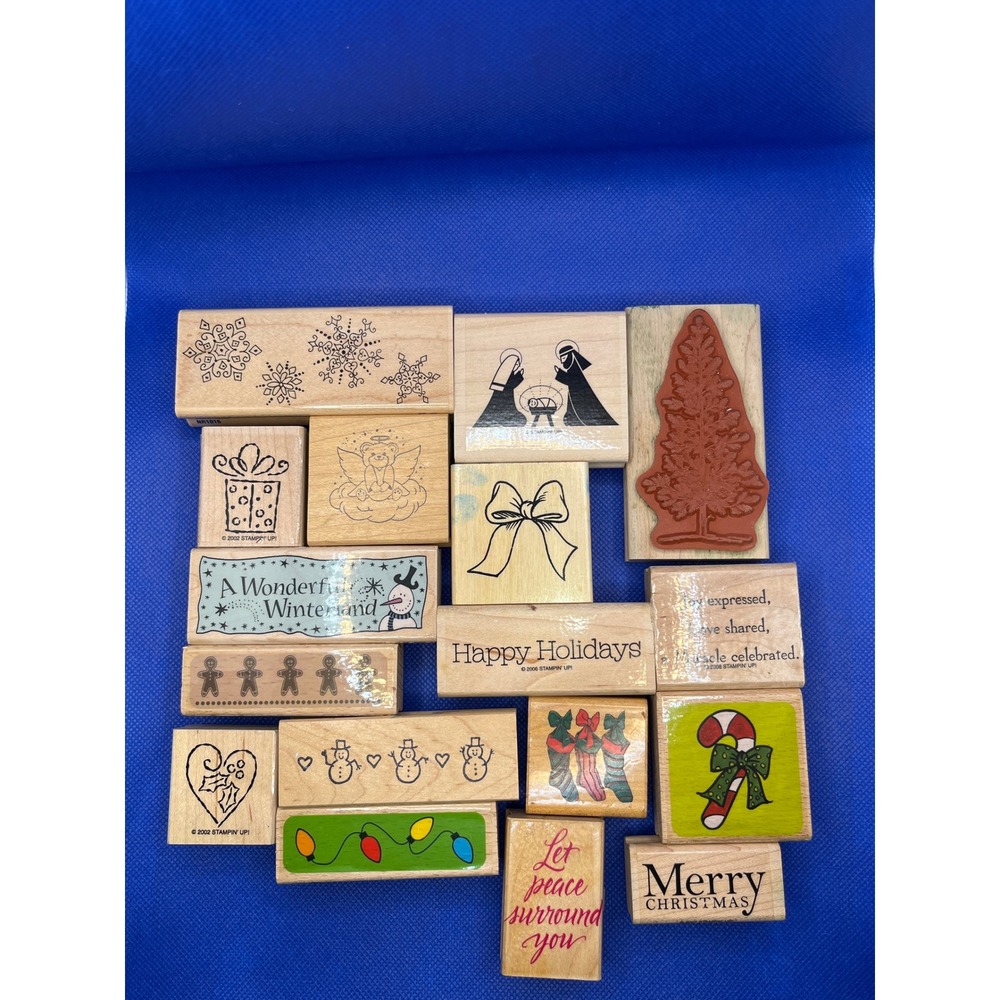 Stampin Up Christmas Rubber Stamp Lot Wood Block Holiday Snowman Nativity 17pc